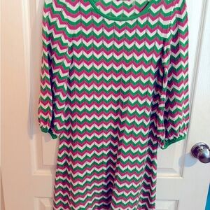 Alice+Olivia Chevron Dress 100% Cotton crochet look in vibrant pink and green
